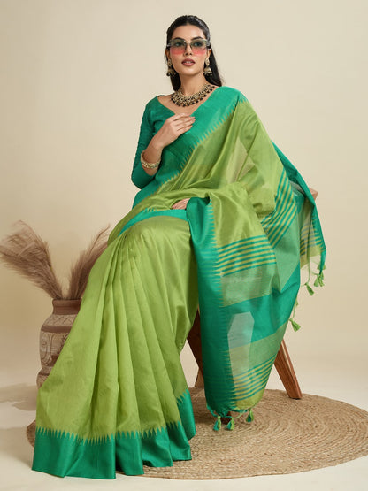 Parrot Green Color Khadi Raw Silk Saree With Zari Lining Pallu With Tample Border