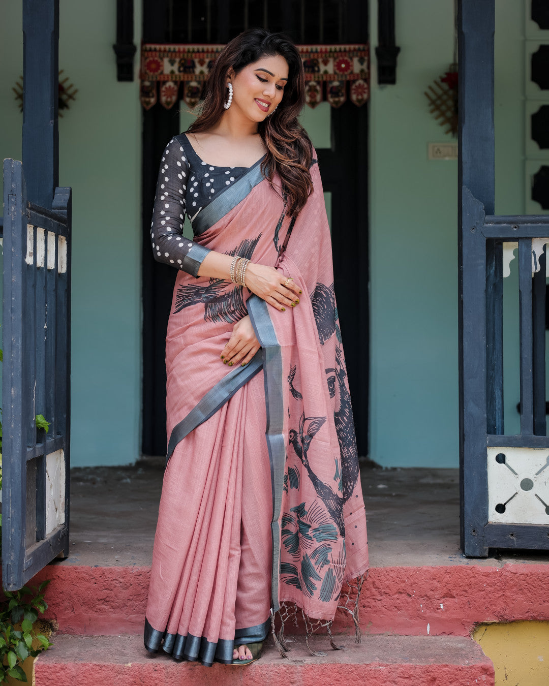 Pink Floral Digital Printed Linen Cotton Saree | Office & Casual Ethnic Wear – JaipurSaaj