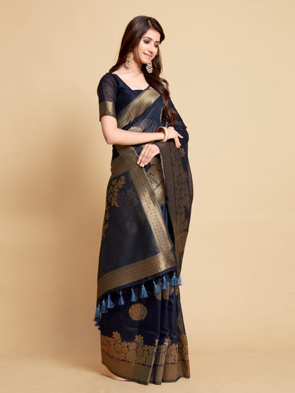 Navy Blue Soft Linen Silk Saree With Zari Weaving Work | Traditional Wedding & Festive Wear – JaipurSaaj