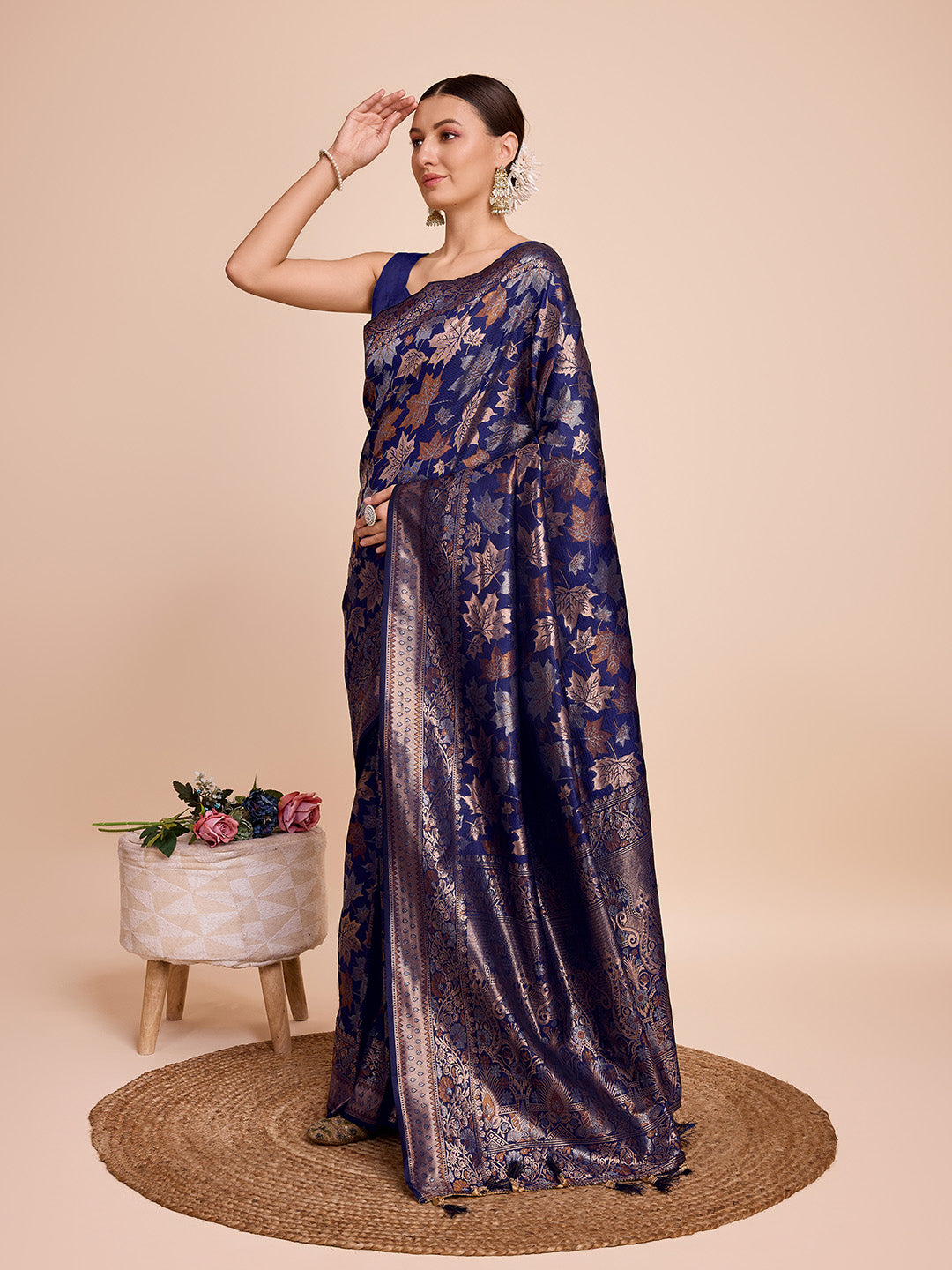 Golden & Copper Zari Weaving With Navy Blue Soft Silk Banarasi Saree | Party & Wedding Wear - JaipurSaaj
