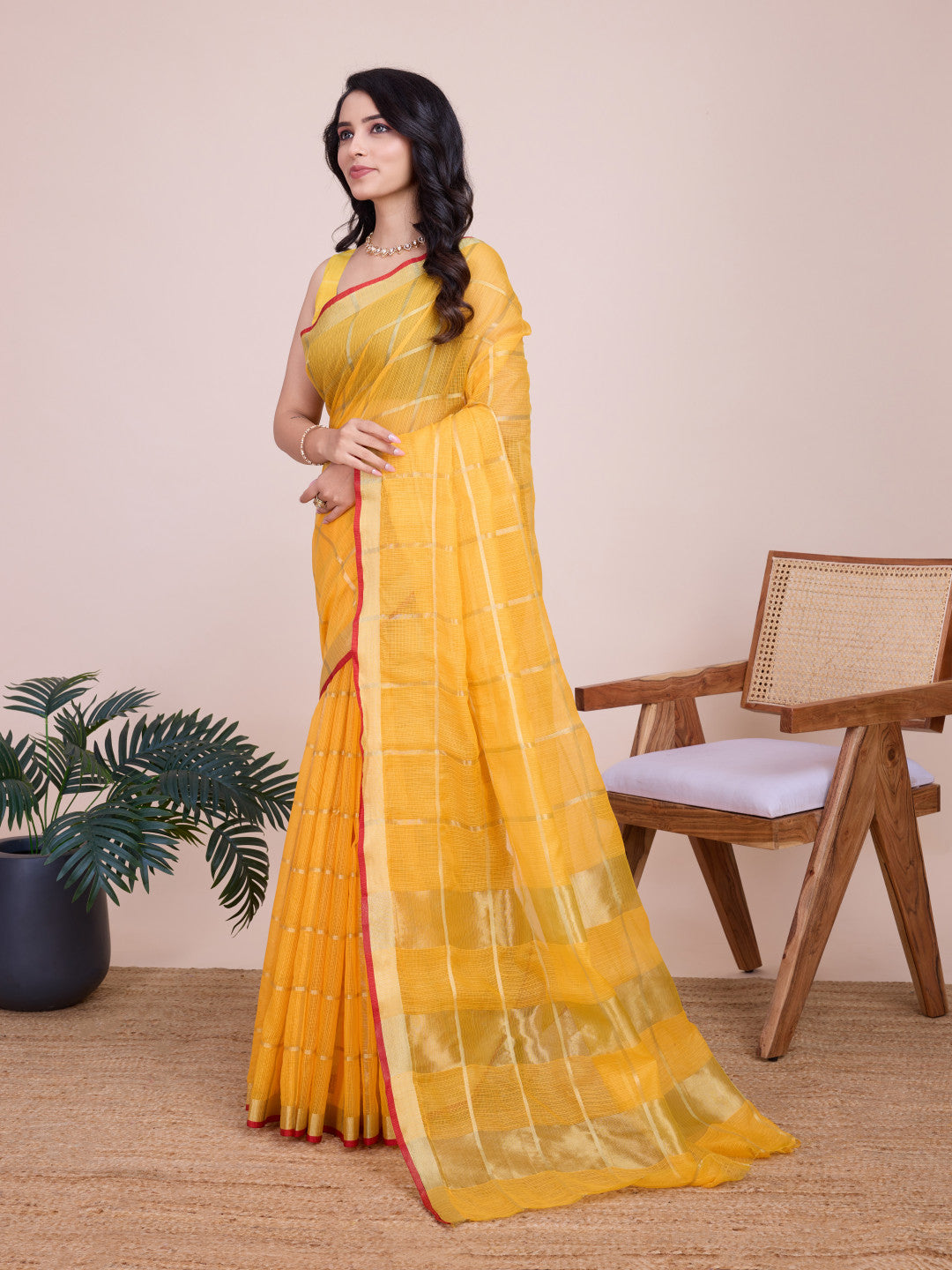 Yellow Kota Doriya Saree With Zari Weaving Work