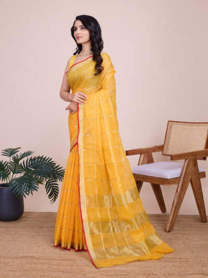 Yellow Kota Doriya Saree With Zari Weaving Work