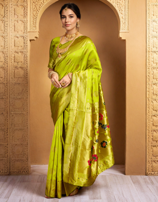 Parrot Green Paithani Silk Saree With Zari Weaving Work