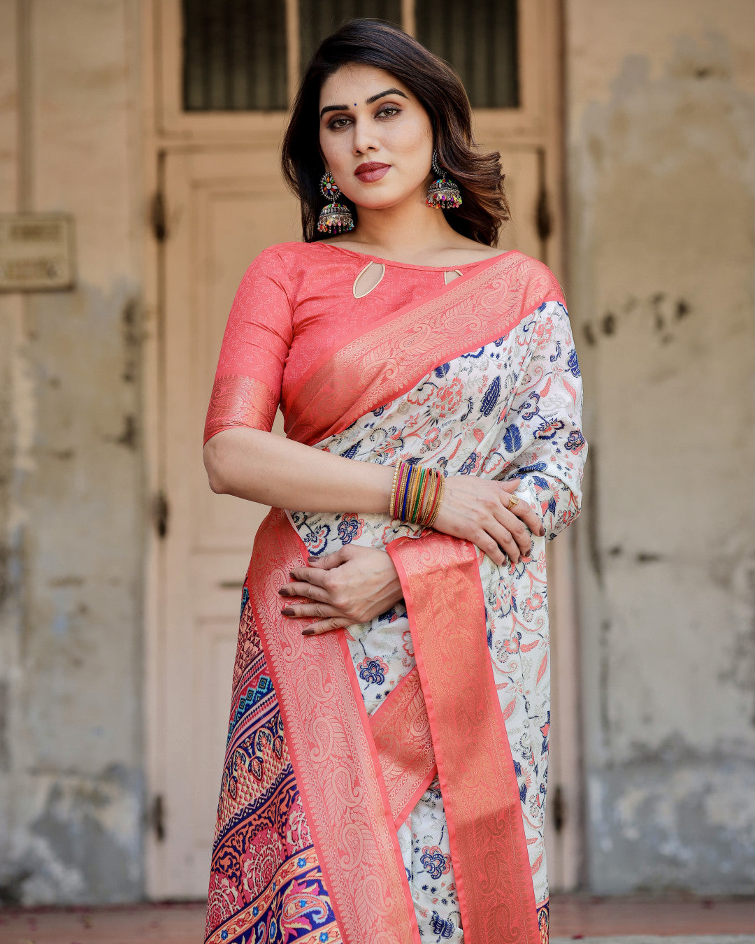 Multi Color Digital Printed Tussar Silk Saree With Zari Motif Border | Designer Festive Ethnic Wear – JaipurSaaj