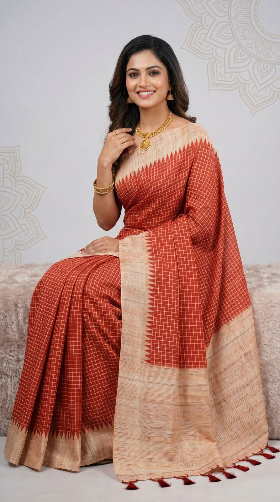 Red Tussar Silk Saree With Checks Weaving Work | Office & Festive Wear – JaipurSaaj
