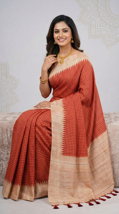 Red Tussar Silk Saree With Checks Weaving Work | Office & Festive Wear – JaipurSaaj