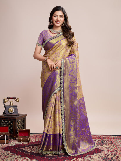Beige Kanjivaram Silk Saree With Zari Weaving Work | Bridal Wedding Wear – JaipurSaaj