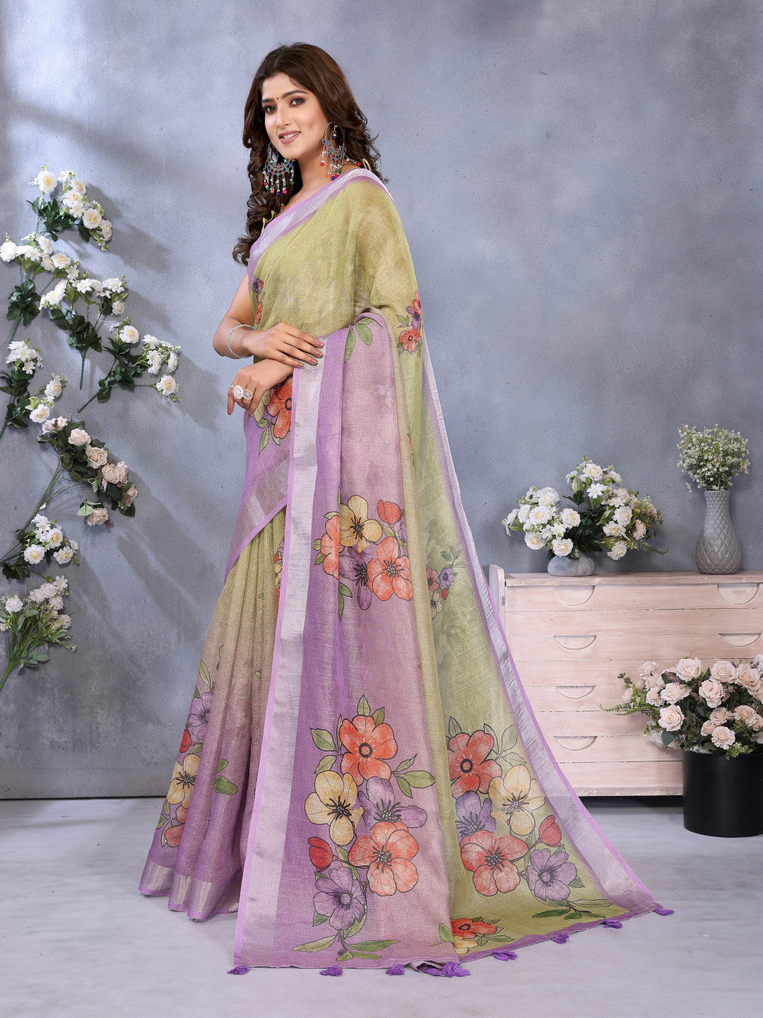 Multi Linen Cotton Saree With Digital Printed Work And Silver Zari Border