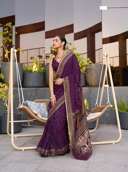 Wine Soft Cotton Saree With Unique Table Printed & Lace Border | Stylish Wedding Wear Saree – JaipurSaaj