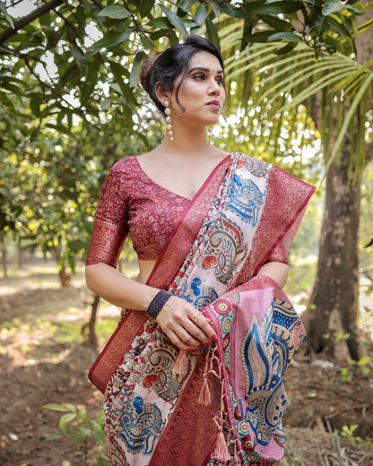 Multi Color Kalamkari Digital Printed Tussar Silk Saree | Designer Festive Ethnic Wear – JaipurSaaj