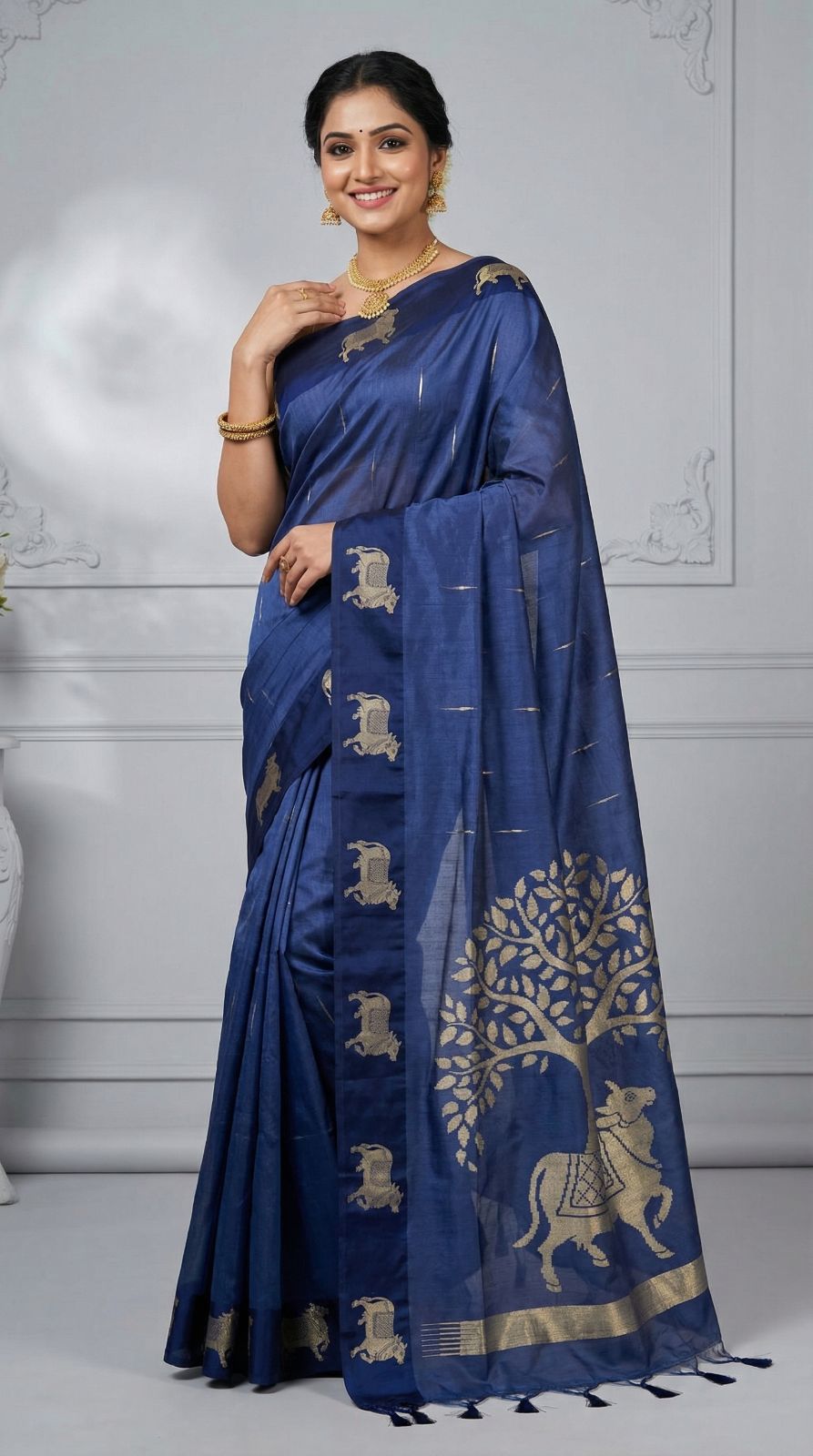 Navy Blue Khadi Raw Silk Saree With Zari Weaving Cow Pallu & Border | Traditional Festive Wear – JaipurSaaj