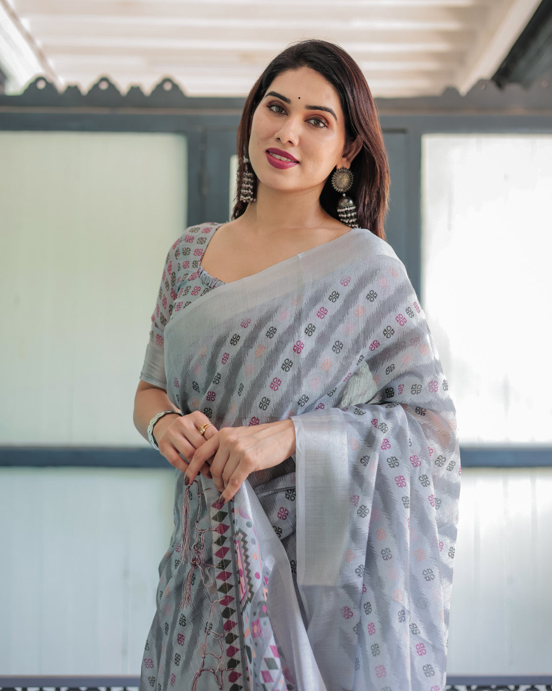 Gray Summer Special Digital Printed Linen Cotton Saree