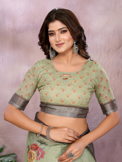 Multi Linen Cotton Saree With Digital Printed Work And Silver Zari Border