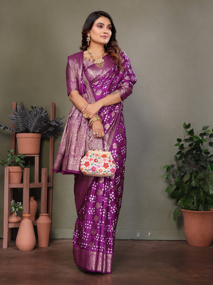 Magenta Bandhej Silk Saree With Zari Weaving Work | Wedding & Festive Wear – JaipurSaaj