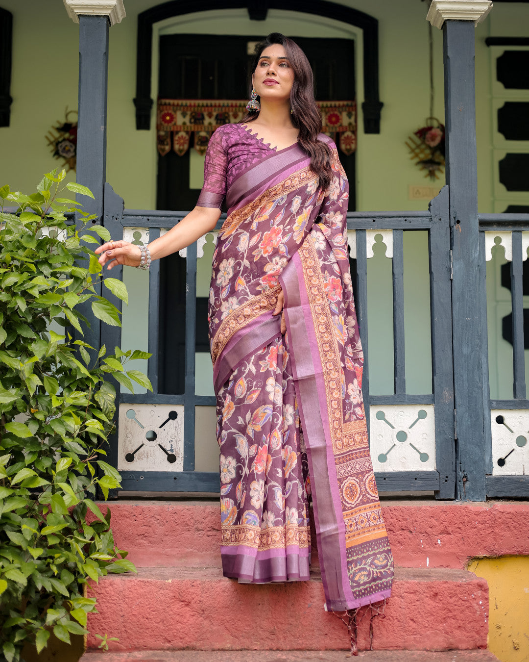 Magenta Summer Special Digital Printed Linen Cotton Saree
