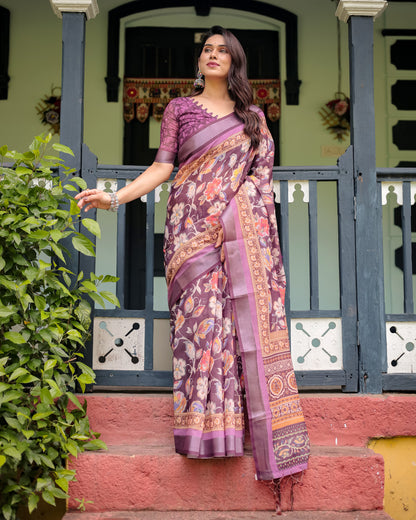 Magenta Summer Special Digital Printed Linen Cotton Saree