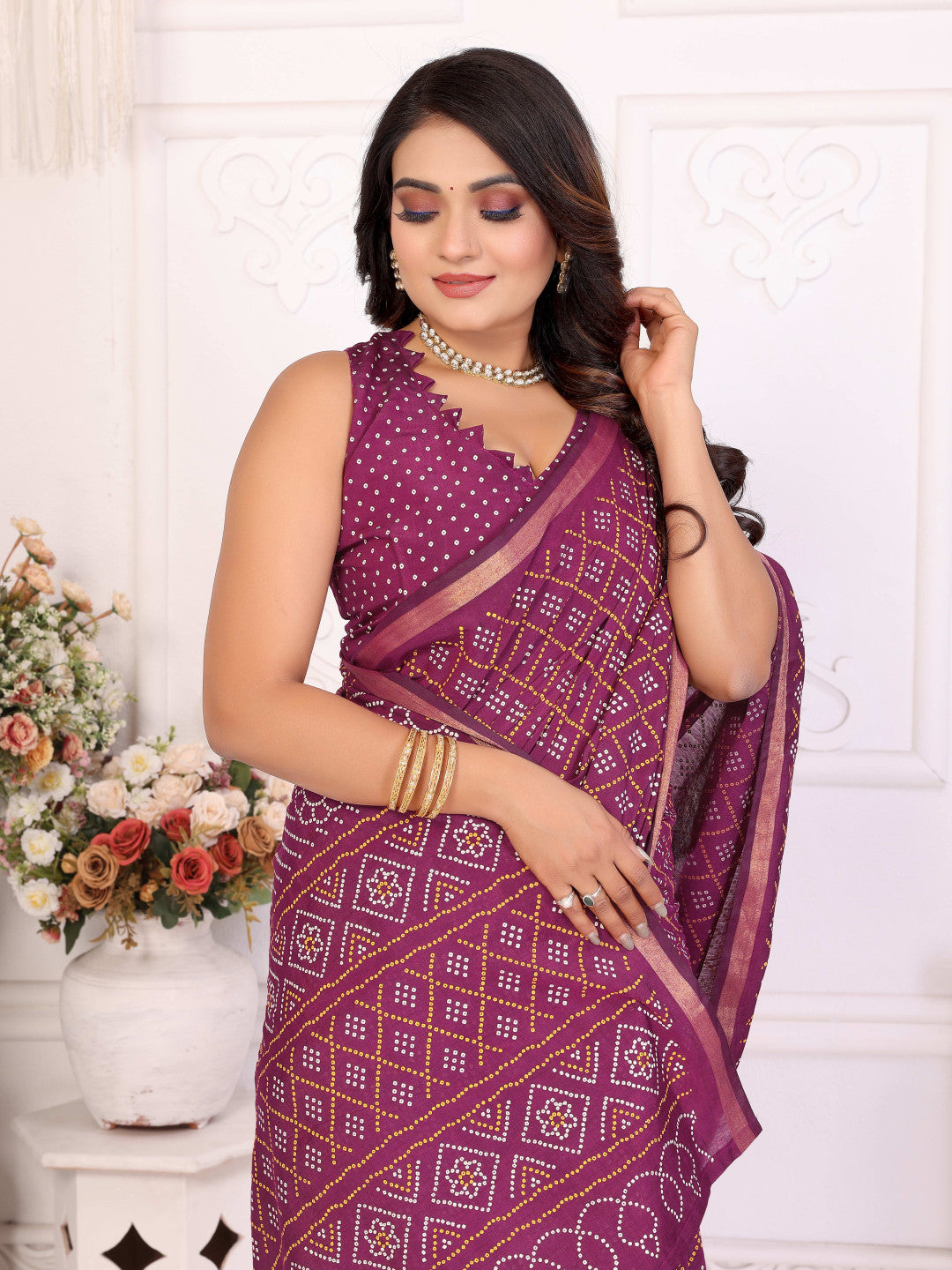 Magenta Bandhej Printed Soft Cotton Saree With Zari Border | Traditional Festive Ethnic Wear – JaipurSaaj
