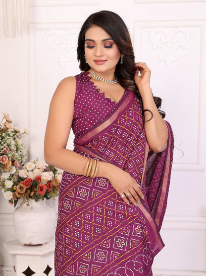 Magenta Bandhej Printed Soft Cotton Saree With Zari Border | Traditional Festive Ethnic Wear – JaipurSaaj