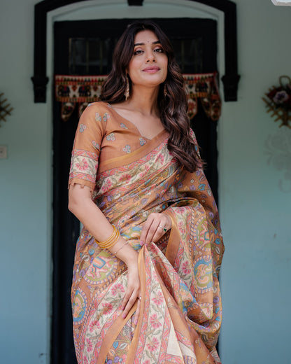 Multi Color Kalamkari Digital Printed Linen Cotton Saree | Summer Casual & Ethnic Wear – JaipurSaaj