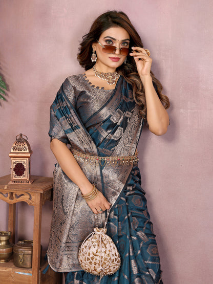 Navy Blue Organza Silk Banarasi Saree With Zari Weaving Work | Bridal Wedding & Festive Wear – JaipurSaaj