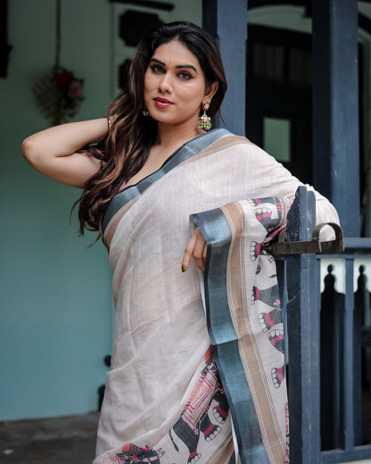 Off White Floral Digital Printed Linen Cotton Saree
