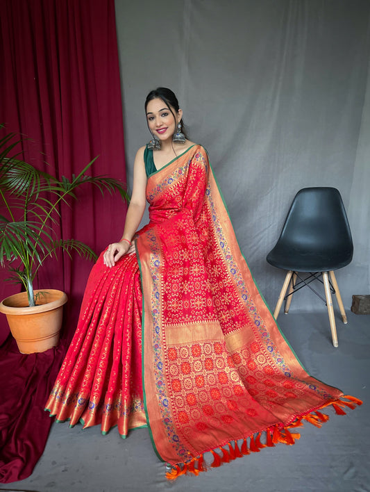 Red Patola Silk Saree With Woven Design