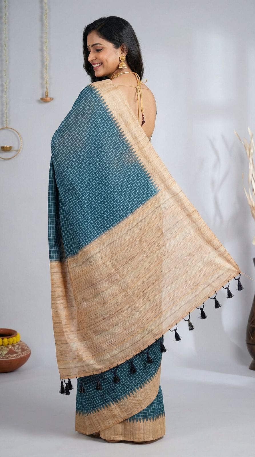 Firoji Tussar Silk Saree With Checks Weaving Work | Office & Festive Wear – JaipurSaaj