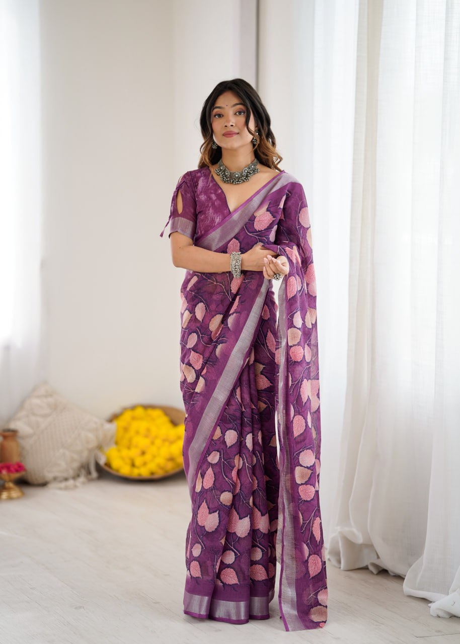 Magenta Color Linen Cotton Saree With Flower Digital Printed Work