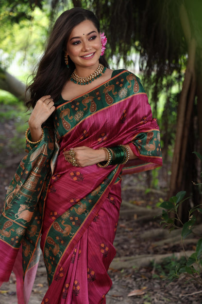 Magenta Peacock Printed Tussar Silk Saree | Traditional Festive Ethnic Wear – JaipurSaaj