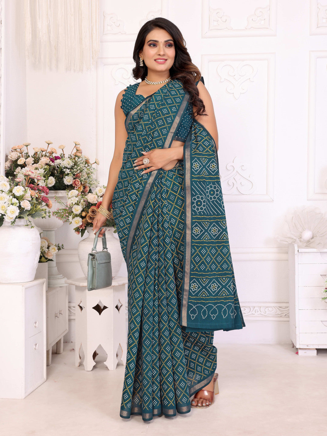 Rama Green Bandhej Printed Soft Cotton Saree With Zari Border | Traditional Festive Ethnic Wear – JaipurSaaj