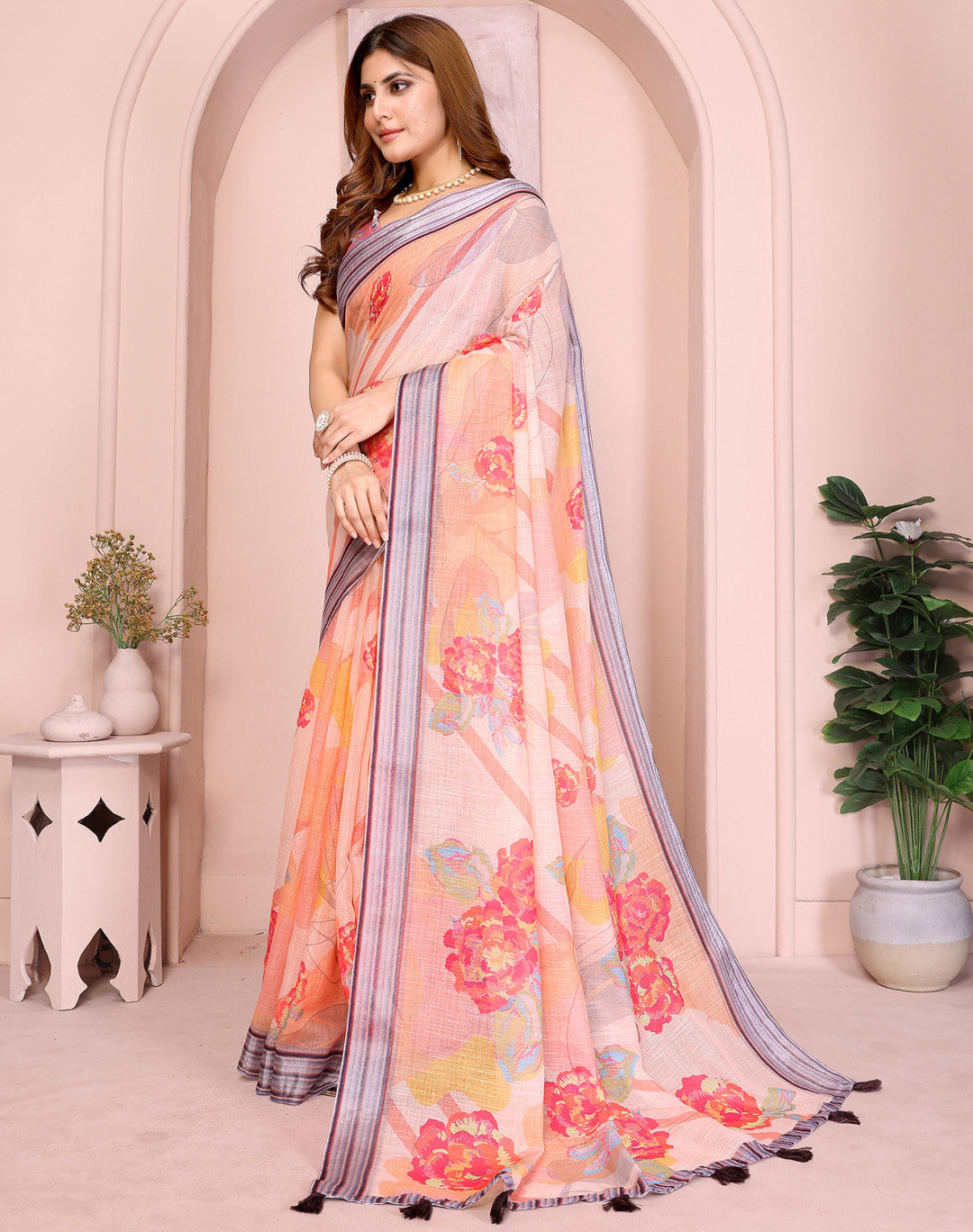 Multi Linen Cotton Saree With Digital Printed Work And Silver Zari Border