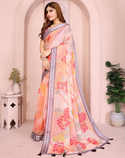 Multi Linen Cotton Saree With Digital Printed Work And Silver Zari Border