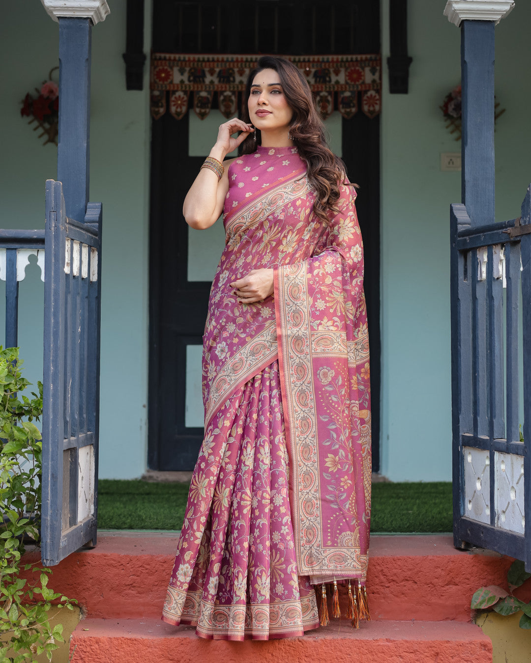 Magenta Soft Linen Cotton Saree With Kalamkari Printed Work