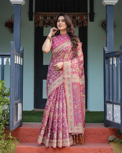 Magenta Soft Linen Cotton Saree With Kalamkari Printed Work