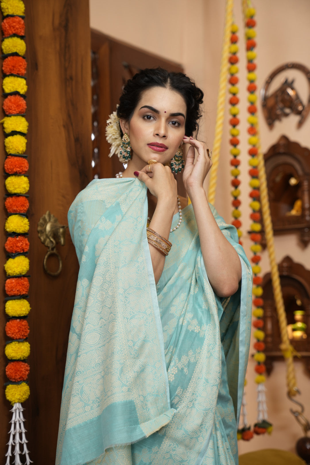 Sea Green Soft Cotton Saree With Lucknowi Work