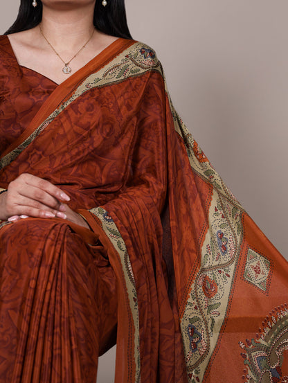 Orange Crepe Silk Saree with Digital Print & Kalamkari Pallu | Designer Festive Ethnic Wear – JaipurSaaj