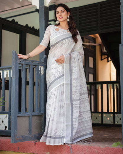White Summer Special Digital Printed Linen Cotton Saree