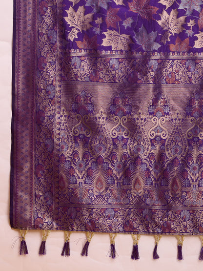 Golden & Copper Zari Weaving With Purple Soft Silk Banarasi Saree | Party & Wedding Wear - JaipurSaaj