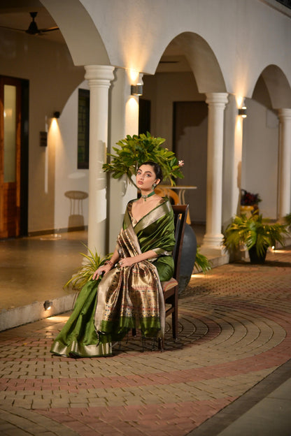 Mahendi Green Khadi Raw Silk Saree With Beautiful Madhubani Printed Pallu | Party & Wedding Wear – JaipurSaaj