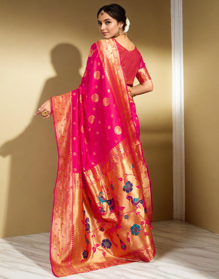 Pink Paithani Silk Saree With Zari Weaving Work