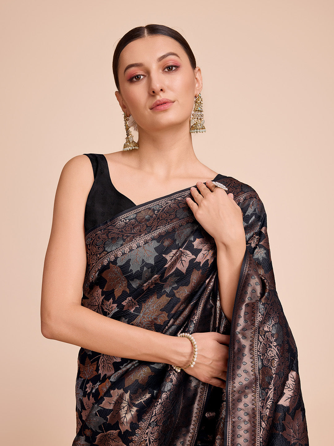 Golden & Copper Zari Weaving With Black Soft Silk Banarasi Saree | Party & Wedding Wear - JaipurSaaj
