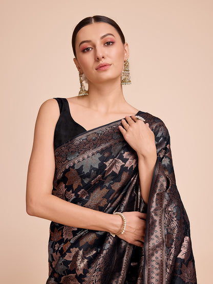 Golden & Copper Zari Weaving With Black Soft Silk Banarasi Saree | Party & Wedding Wear - JaipurSaaj