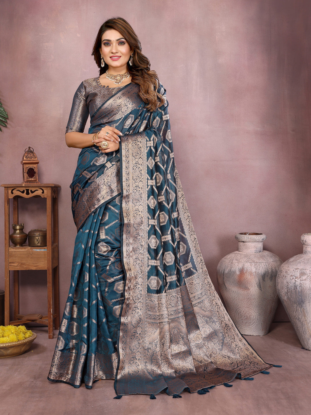 Navy Blue Organza Silk Banarasi Saree With Zari Weaving Work | Bridal Wedding & Festive Wear – JaipurSaaj