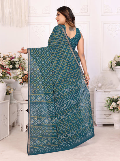 Rama Green Bandhej Printed Soft Cotton Saree With Zari Border | Traditional Festive Ethnic Wear – JaipurSaaj