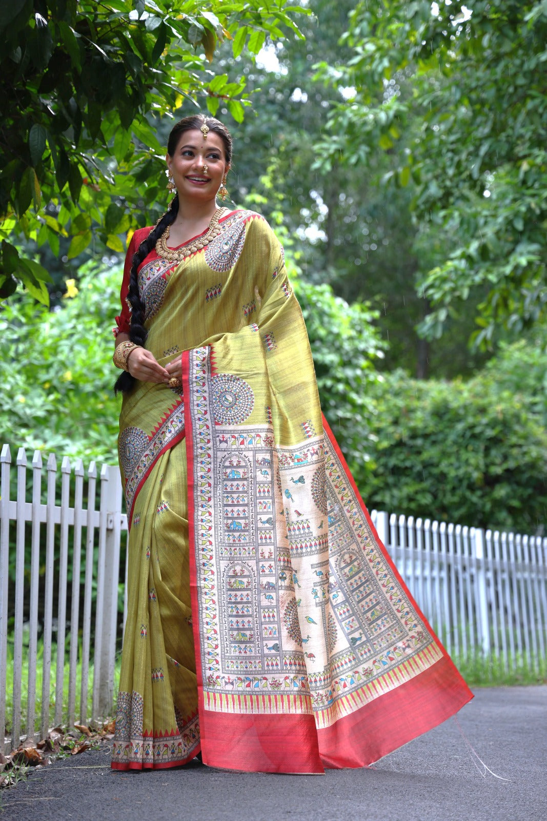 Mahendi Green Madhubani Printed Soft Tussar Silk Saree | Traditional Festive Ethnic Wear – JaipurSaaj