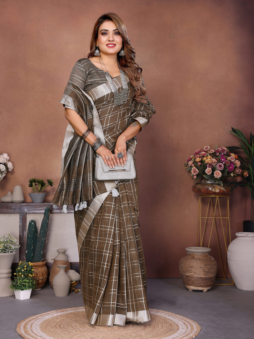 Mahendi Green Linen Cotton Saree With Silver Zari Border