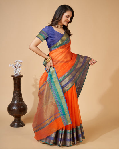 Orange Kota Doriya Saree With Zari Weaving Work | Lightweight Daily Wear – JaipurSaaj