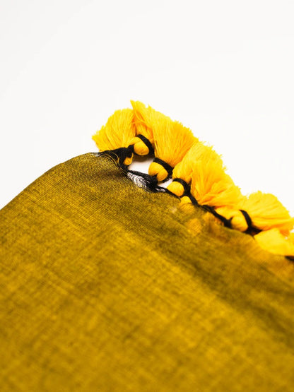 Mustard Yellow Plain Khadi Cotton Saree With Fancy Tassel Work | Handloom Office Wear – JaipurSaaj