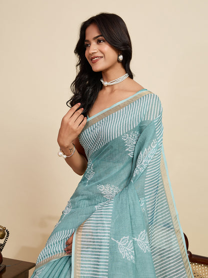 Sea Green Linen Cotton Saree With Digital Printed Work And Silver Zari Border | Lightweight Party & Festive Wear – JaipurSaaj