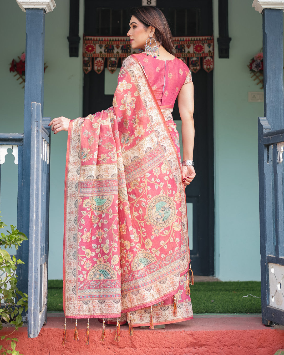 Gajari Soft Linen Cotton Saree With Kalamkari Printed Work
